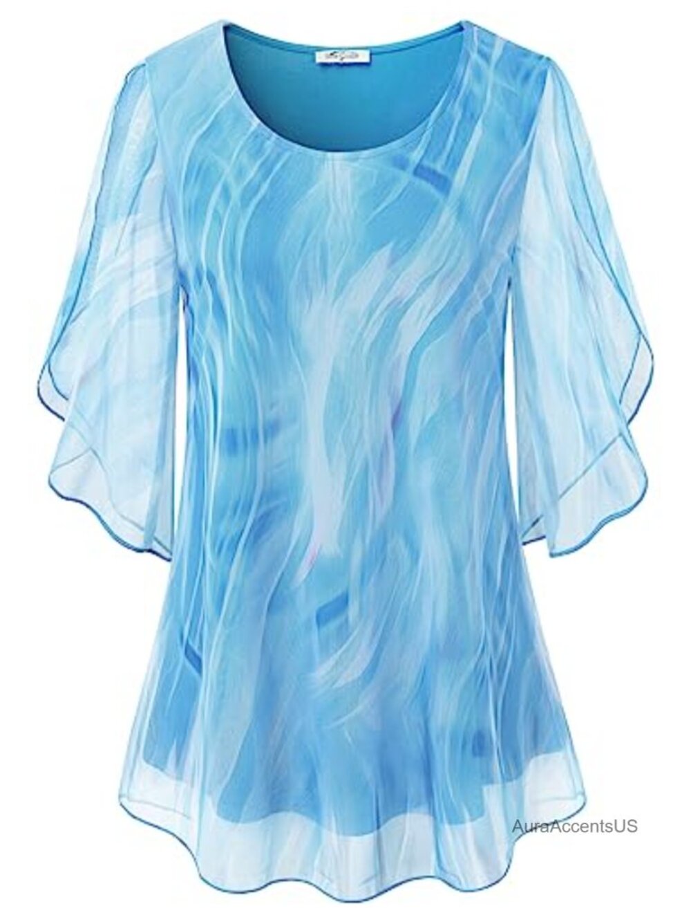 Women's Ruffle 3/4 Sleeve Mesh Blouse Loose Flowy Tunic Top